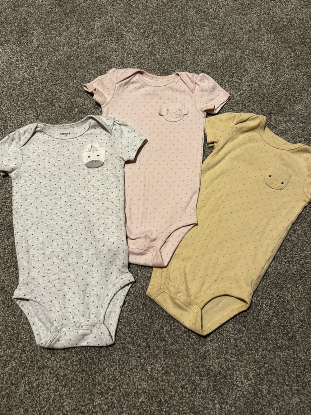 3-Pack Baby Girl 12M Onesies | Polka Dot Bodysuits with Animal Pockets